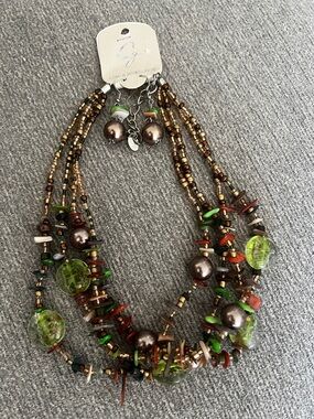 Beaded Multi-Strand Green & Brown Statement Necklace
